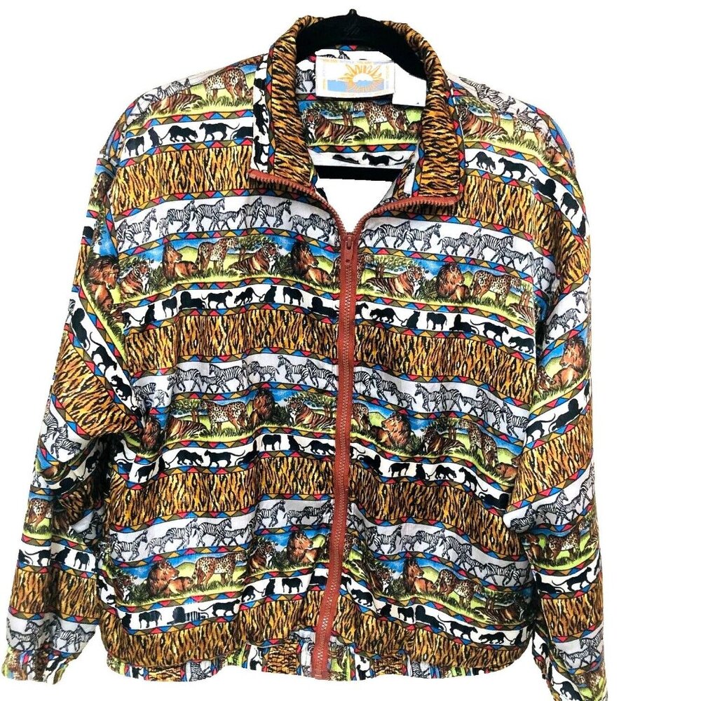 Vintage Solare Womens Y2K Zip‎ Lined Jacket Jungle Zebra Lion Tiger Elephant M